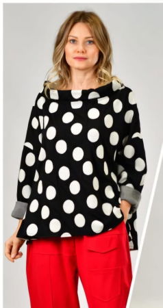 Bluze Casual - Bluza lejera neagra cu buline albe in relief, cu guler intors, cu bumbac