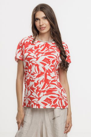 Bluza rosie lejera din vascoza cu in, imprimata, cu maneca cazuta scurta [1]