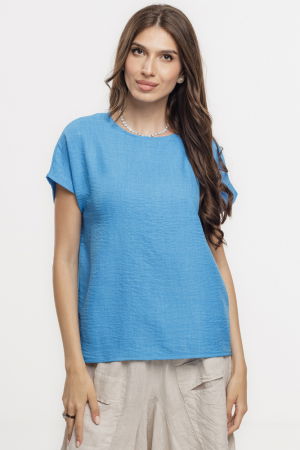 Bluze & Cămăși & Tricouri - Bluza albastra lejera din vascoza cu in, usor creponata, cu maneca cazuta scurta