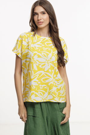 Bluze & Cămăși & Tricouri - Bluza galbena lejera din vascoza cu in, imprimata, cu maneca cazuta scurta