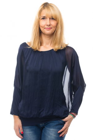 Bluza bleumarin uni din matase si vascoza cu maneca lunga fluture si elastic la poale