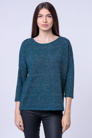Bluze Casual - Bluza tricotata turcoaz cu fir lurex si maneca 3/4