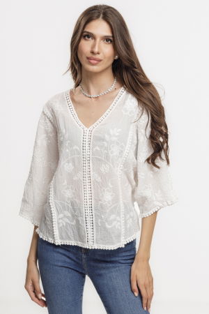 Bluza brodata cu maneca fluture din dantela de bumbac, alba [1]