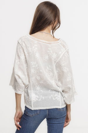 Bluza brodata cu maneca fluture din dantela de bumbac, alba [2]