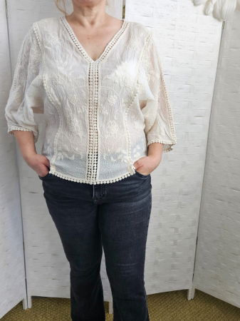 Bluza brodata cu maneca fluture din dantela de bumbac, bej [5]