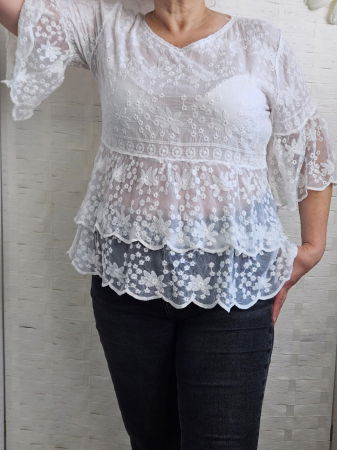 Bluza brodata cu volane din dantela de bumbac, alba [4]