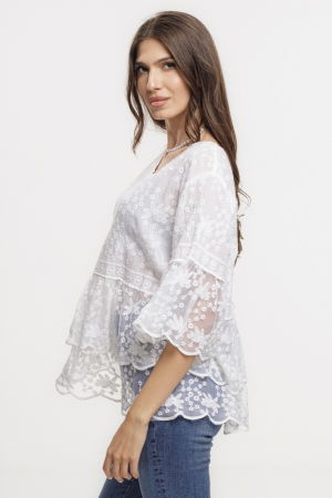 Bluza brodata cu volane din dantela de bumbac, alba [1]