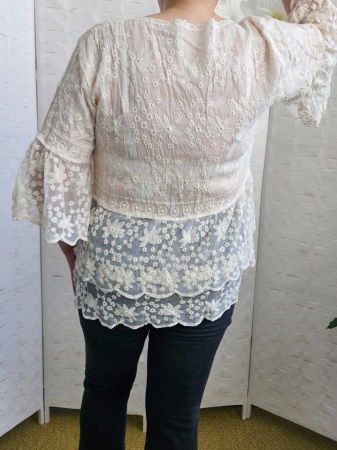 Bluza brodata cu volane din dantela de bumbac, bej [7]