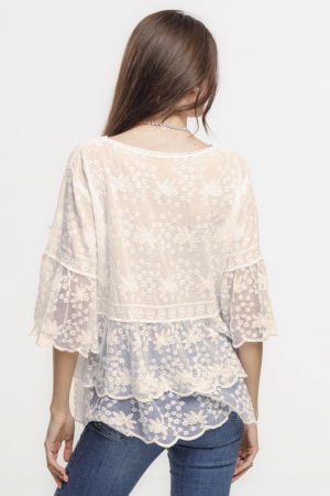 Bluza brodata cu volane din dantela de bumbac, bej [2]