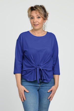 Tricouri din Bumbac - Bluza casual din bumbac ajustabila in fata cu maneca 3/4, albastra