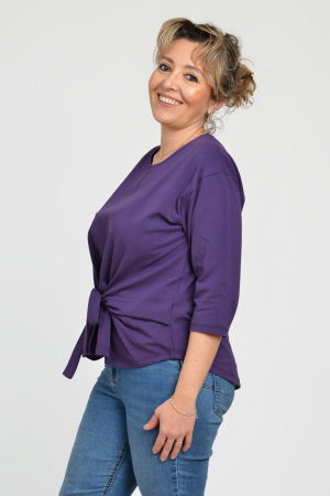 Bluza casual din bumbac ajustabila in fata cu maneca 3/4, mov inchis [4]