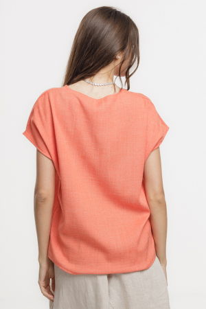 Bluza corai lejera din vascoza cu in, melanjata, cu maneca cazuta scurta [3]