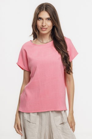 Bluze & Cămăși & Tricouri - Bluza roz lejera din vascoza cu in, melanjata, cu maneca cazuta scurta -