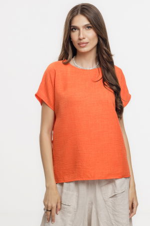 Bluze & Cămăși & Tricouri - Bluza corai lejera din vascoza cu in, usor creponata, cu maneca cazuta scurta