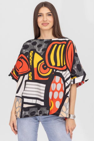 Bluza lalea oversize din poplin satinat de bumbac cu imprimeu geometric multicolor [1]