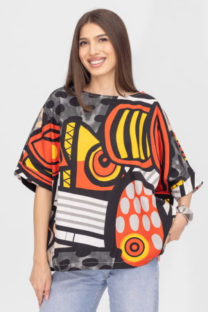 Bluze Casual - Bluza lalea oversize din poplin satinat de bumbac cu imprimeu geometric multicolor