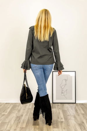 Bluza cu 2 volane la maneci si jabou din bumbac fin si batist kaki [2]