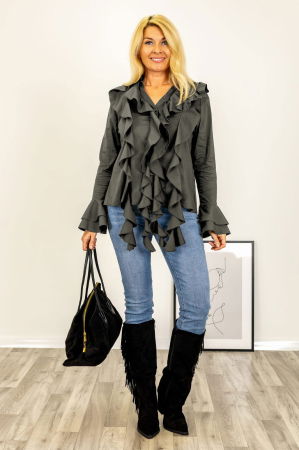 Bluze Casual - Bluza cu 2 volane la maneci si jabou din bumbac fin si batist kaki