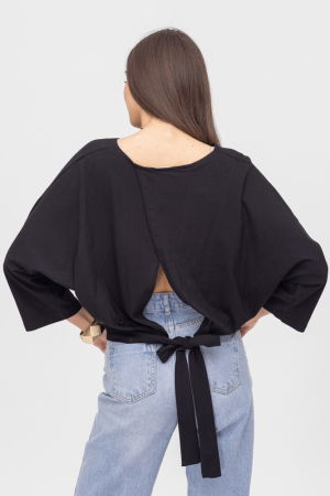 Bluza cu spate petrecut, si maneca fluture, din tricot de bumbac, neagra [1]