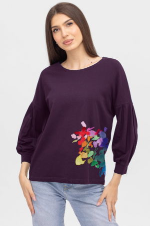 Bluze & Cămăși & Tricouri - Bluza cu maneca bufanta din tricot de bumbac, cu imprimeu, mov inchis