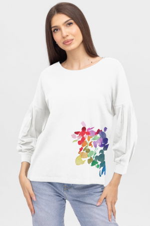 Bluze & Cămăși & Tricouri - Bluza cu maneca bufanta din tricot de bumbac, cu imprimeu, alba