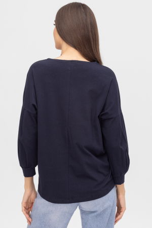 Bluza uni cu maneca bufanta din tricot de bumbac, bleumarin [2]