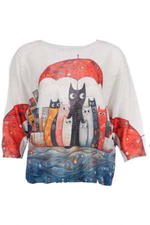 Pulovere - Bluza cu maneca fluture trei sferturi si imprimeu pisicute haioase sub umbrela rosie