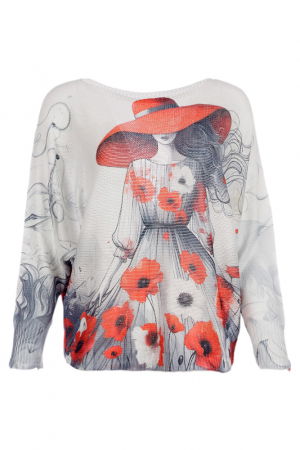 Bluze Casual - Bluza cu maneca lunga fluture si imprimeu fata cu palarie rosie si maci