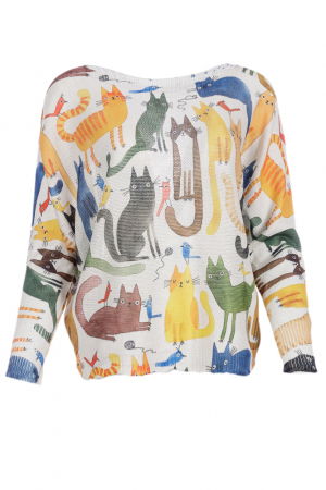 Pulovere - Bluza cu maneca lunga fluture si imprimeu cu pisici multicolore