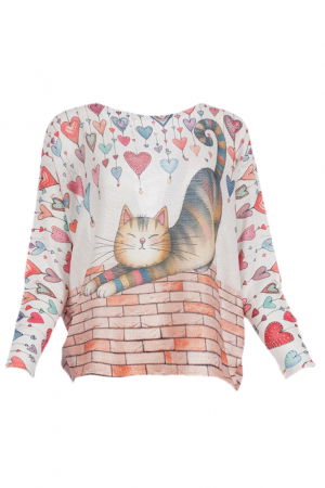 Pulovere - Bluza cu maneca lunga fluture si imprimeu pisica bonoma cu inimi