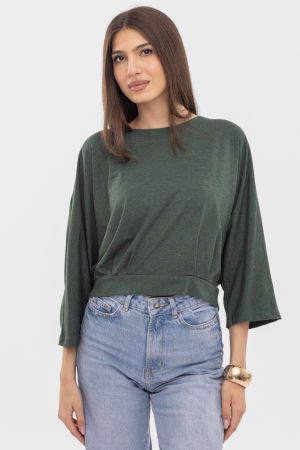 Bluza cu spate petrecut, si maneca fluture, din tricot de bumbac, kaki [1]