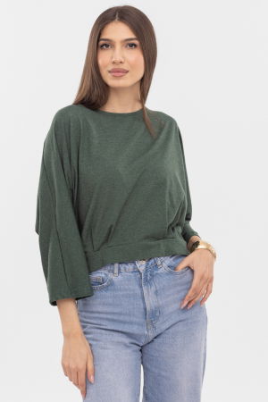 Tricouri din Bumbac - Bluza cu spate petrecut, si maneca fluture, din tricot de bumbac, kaki