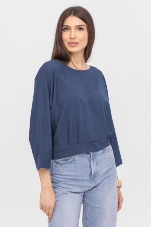 Tricouri cu Mânecă 3/4 - Bluza cu spate petrecut, si maneca fluture, din tricot de bumbac, albastru jeans