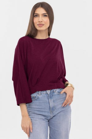 Tricouri cu Mânecă 3/4 - Bluza cu spate petrecut, si maneca fluture, din tricot de bumbac, bordo