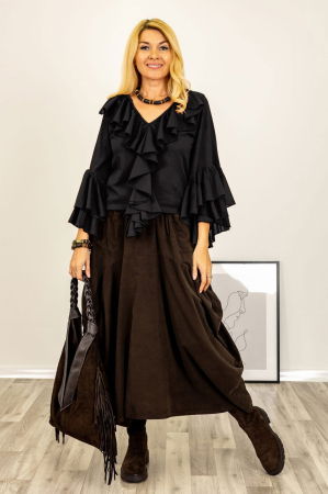 Bluza cu volane duble la maneci si jabou din bumbac fin si batist neagra [1]