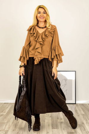 Bluza cu volane duble la maneci si jabou din bumbac fin si batist camel [1]