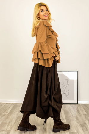 Bluza cu volane duble la maneci si jabou din bumbac fin si batist camel [2]