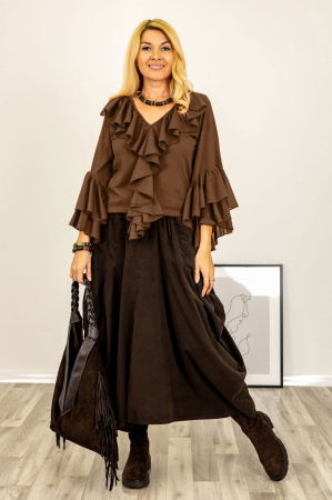 Bluza cu volane duble la maneci si jabou din bumbac fin si batist maron ciocolata [1]
