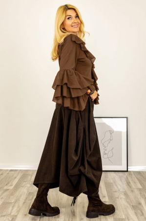 Bluza cu volane duble la maneci si jabou din bumbac fin si batist maron ciocolata [2]