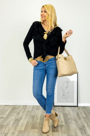 Bluza cu volane la decolteu din bumbac fin si batist neagra [1]