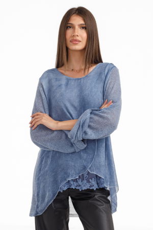 Bluza dama chic, cu croi petrecut din matase, puloveras si detalii dantela, albastru jeans [1]