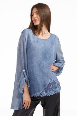 Bluza dama chic, cu croi petrecut din matase, puloveras si detalii dantela, albastru jeans [5]