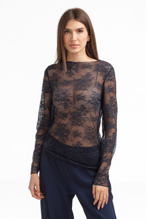 Bluze Casual - Bluza dama din dantela eleganta – bluza transparenta chic bleumarin