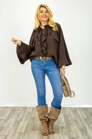 NOU IN SHOPIKA - Bluza dama eleganta cu volane, maro inchis