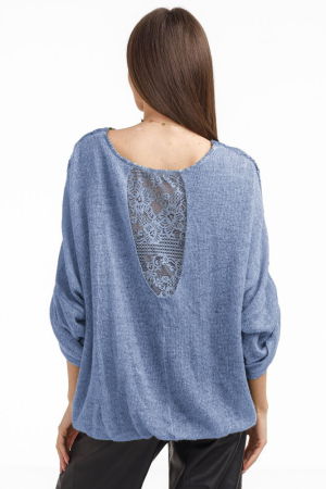 Bluza dama eleganta matase, dantela boho si tricotaj, albastru jeans [2]