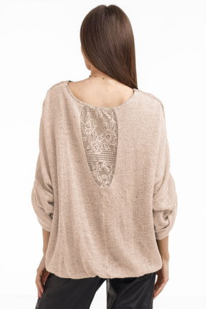 Bluza dama eleganta matase, dantela boho si tricotaj,bej fango [2]