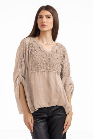 Bluze din Mătase si Vâscoză - Bluza dama eleganta matase, dantela boho si tricotaj,bej fango