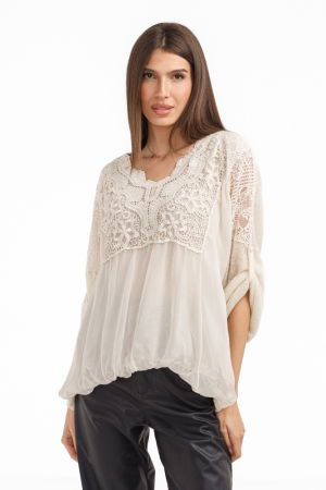 Bluza dama eleganta matase, dantela boho si tricotaj,bej ivoire [2]