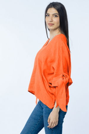 Bluza de vara cu funde, din in, oversize, portocalie [1]
