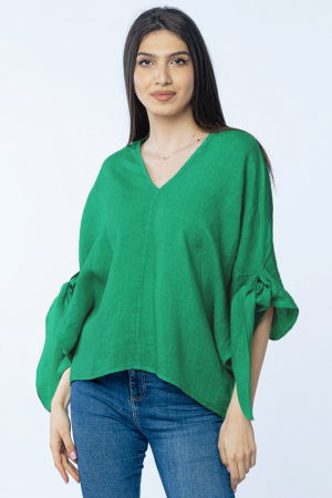 Bluze din In - Bluza de vara cu funde, din in, oversize, verde